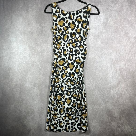 Norma Kamali Bodycon Dress Womens Small Cream Leopard Print Ruched Party Stretch - Picture 1 of 10